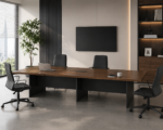high end executive desk that can be joined to form a conference table, featuring a dark wood grain design