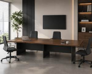 high end executive desk that can be joined to form a conference table, featuring a dark wood grain design