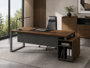 executive desks, office desks, executive executive desks, wooden office desks, office desks, wood grain finish, with a desk apron, high quality, dark oak, gray,