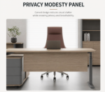 executive desk, executive office desk, wood grain finish, spacious storage, with a privacy panel and side cabinet, wide desktop, solid construction, teak/khaki