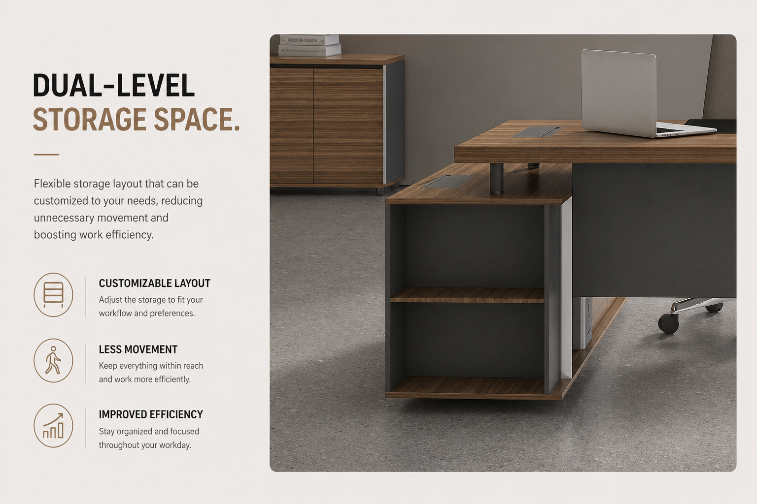 a desk with open storage compartments, featuring a minimalist design and built to last (复制)