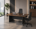 high end executive desk that can be joined to form a conference table, featuring a dark wood grain design