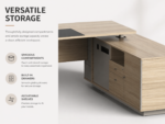 executive desk, executive office desk, wood grain finish, spacious storage, with a privacy panel and side cabinet, wide desktop, solid construction, teak/khaki