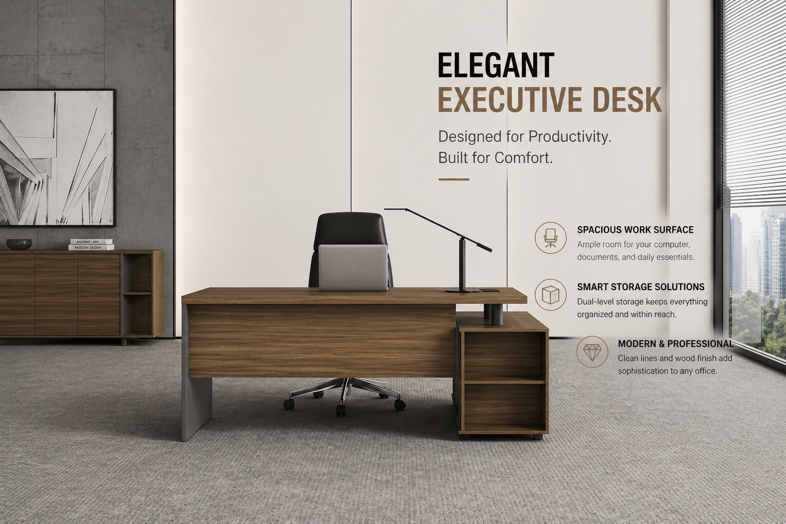 a desk with open storage compartments, featuring a minimalist design and built to last (复制)