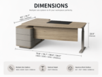 executive desk, executive office desk, wood grain finish, spacious storage, with a privacy panel and side cabinet, wide desktop, solid construction, teak/khaki