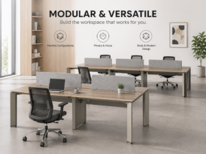 executive desk, executive office desk, wood grain finish, spacious storage, with a privacy panel and side cabinet, wide desktop, solid construction, teak/khaki (复制)