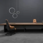 high end executive desk that can be joined to form a conference table, featuring a dark wood grain design