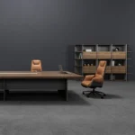 high end executive desk that can be joined to form a conference table, featuring a dark wood grain design