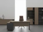 executive desk, executive office desk, wood grain finish, spacious storage, with a privacy panel and side cabinet, wide desktop, solid construction, teak/khaki