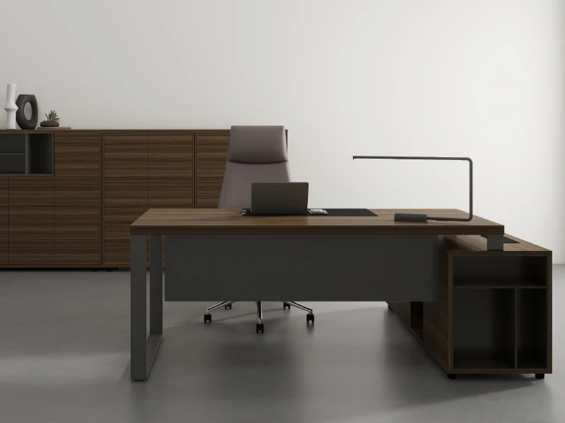 executive desks, office desks, executive executive desks, wooden office desks, office desks, wood grain finish, with a desk apron, high quality, dark oak, gray,