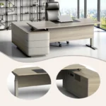 executive desk, executive office desk, wood grain finish, spacious storage, with a privacy panel and side cabinet, wide desktop, solid construction, teak/khaki