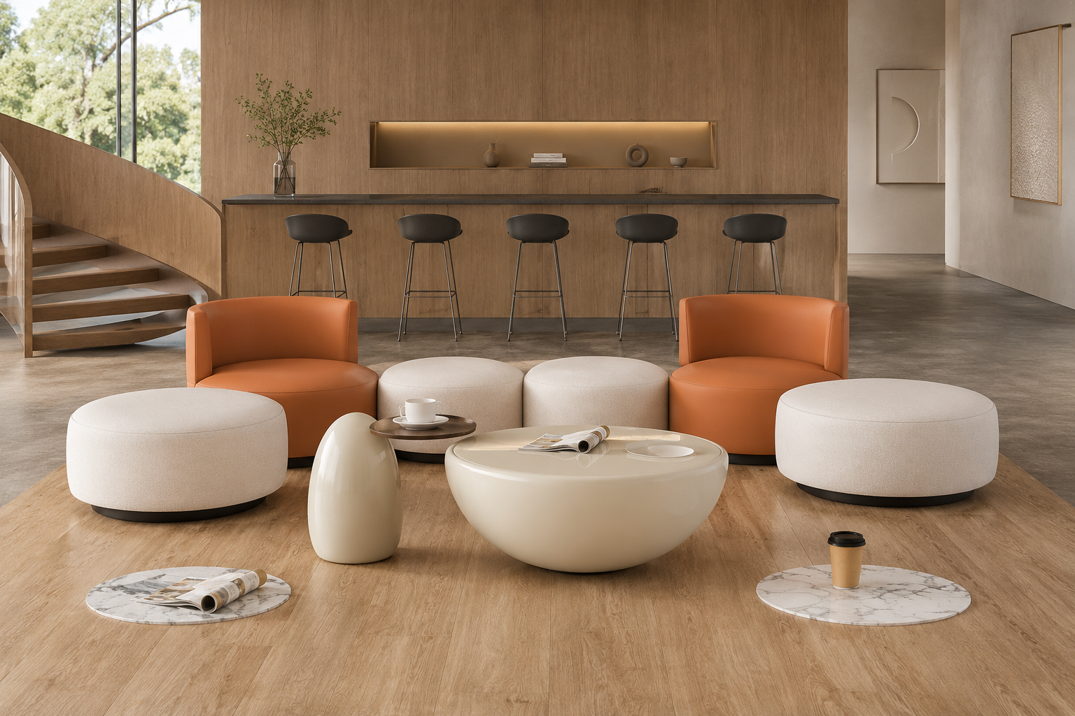 modular curved sectional sofa, cream & terracotta round modular couch, contemporary organic modern upholstered combination sofa for living room