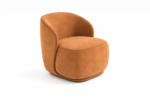 curved barrel accent chair, caramel brown upholstered single sofa chair, contemporary organic modern lounge chair for living room & bedroom