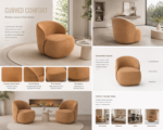 curved barrel accent chair, caramel brown upholstered single sofa chair, contemporary organic modern lounge chair for living room & bedroom