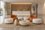 modular curved sectional sofa, cream & terracotta round modular couch, contemporary organic modern upholstered combination sofa for living room