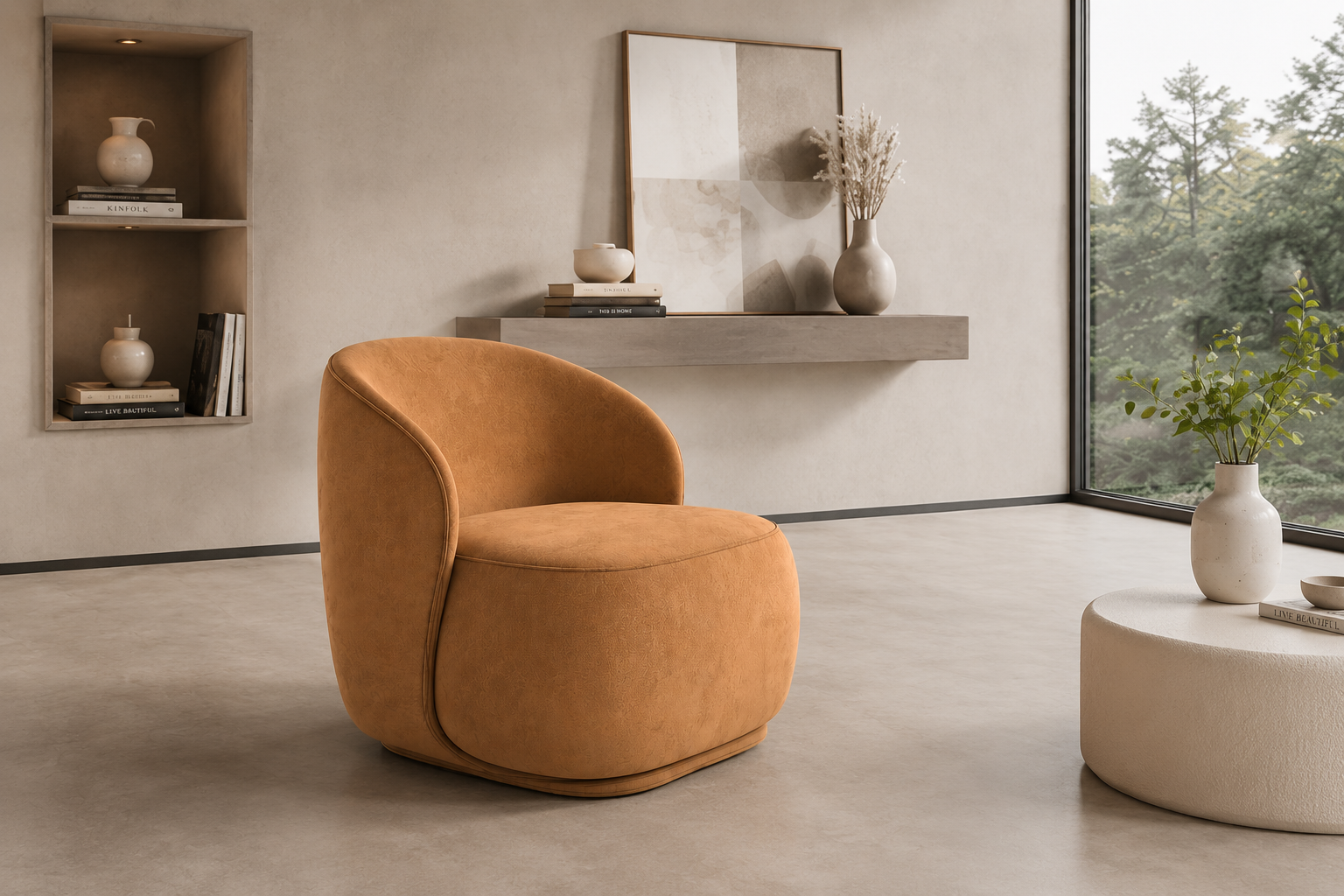 curved barrel accent chair, caramel brown upholstered single sofa chair, contemporary organic modern lounge chair for living room & bedroom