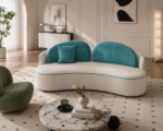 curved barrel accent chair, caramel brown upholstered single sofa chair, contemporary organic modern lounge chair for living room & bedroom