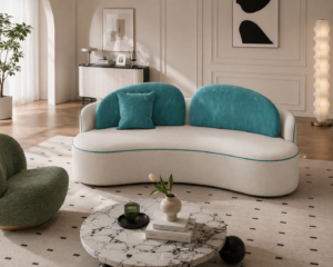 curved barrel accent chair, caramel brown upholstered single sofa chair, contemporary organic modern lounge chair for living room & bedroom