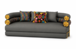 modern luxury 3 seater sofa with gold accents & artistic throw pillows, contemporary upholstered couch for living room
