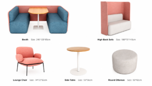 modern office waiting area & meeting lounge furniture set, complete seating solution with modular booth, lounge chair, side table & ottoman, upholstered fabric for commercial & public spaces