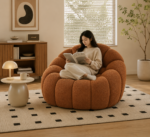fluffy pumpkin boucle accent chair, round bubble leisure sofa, cozy upholstered lazy lounge chair for living room & bedroom