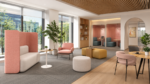 modern office waiting area & meeting lounge furniture set, complete seating solution with modular booth, lounge chair, side table & ottoman, upholstered fabric for commercial & public spaces