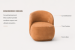 curved barrel accent chair, caramel brown upholstered single sofa chair, contemporary organic modern lounge chair for living room & bedroom