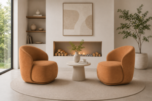 curved barrel accent chair, caramel brown upholstered single sofa chair, contemporary organic modern lounge chair for living room & bedroom