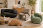 modern sculptural accent chair, curved organic upholstered single sofa, contemporary fluid design lounge chair for living room & bedroom