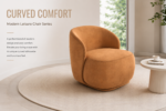 curved barrel accent chair, caramel brown upholstered single sofa chair, contemporary organic modern lounge chair for living room & bedroom