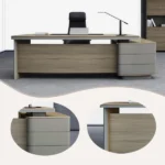 executive desk, president's desk, wooden desk, office desk, large capacity, with modesty panel and side cabinet, wide tabletop, teak, khaki, lbz xy p003