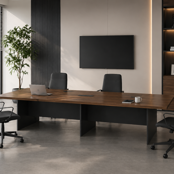 high end executive desk that can be joined to form a conference table, featuring a dark wood grain design