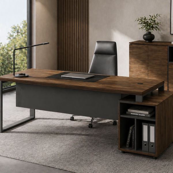 executive desks, office desks, executive executive desks, wooden office desks, office desks, wood grain finish, with a desk apron, high quality, dark oak, gray,