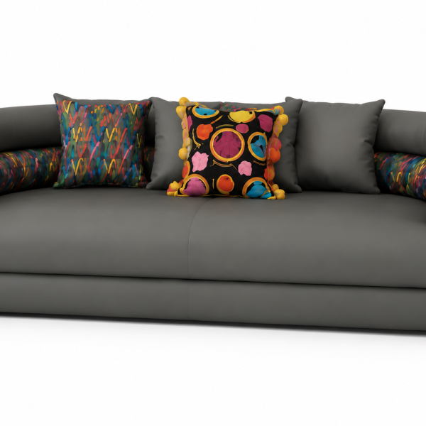 modern luxury 3 seater sofa with gold accents & artistic throw pillows, contemporary upholstered couch for living room