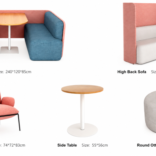 modern office waiting area & meeting lounge furniture set, complete seating solution with modular booth, lounge chair, side table & ottoman, upholstered fabric for commercial & public spaces