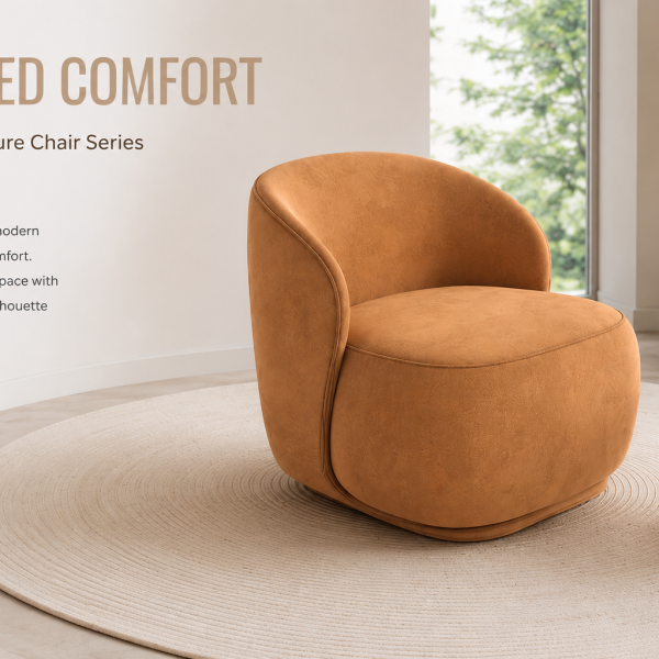 curved barrel accent chair, caramel brown upholstered single sofa chair, contemporary organic modern lounge chair for living room & bedroom