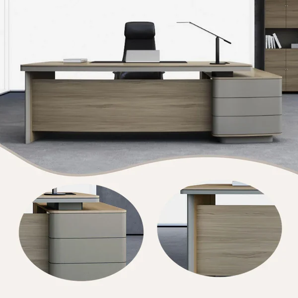 executive desk, president's desk, wooden desk, office desk, large capacity, with modesty panel and side cabinet, wide tabletop, teak, khaki, lbz xy p003
