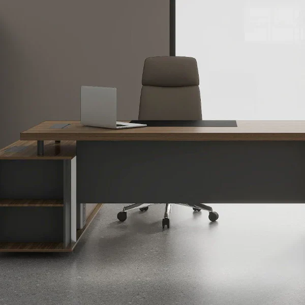 office desk with a two tier open storage unit